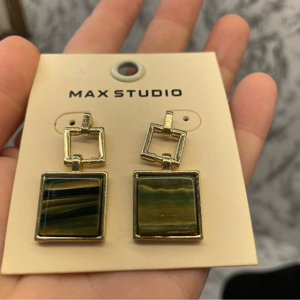 Max Studio Gold and Green Square Earrings